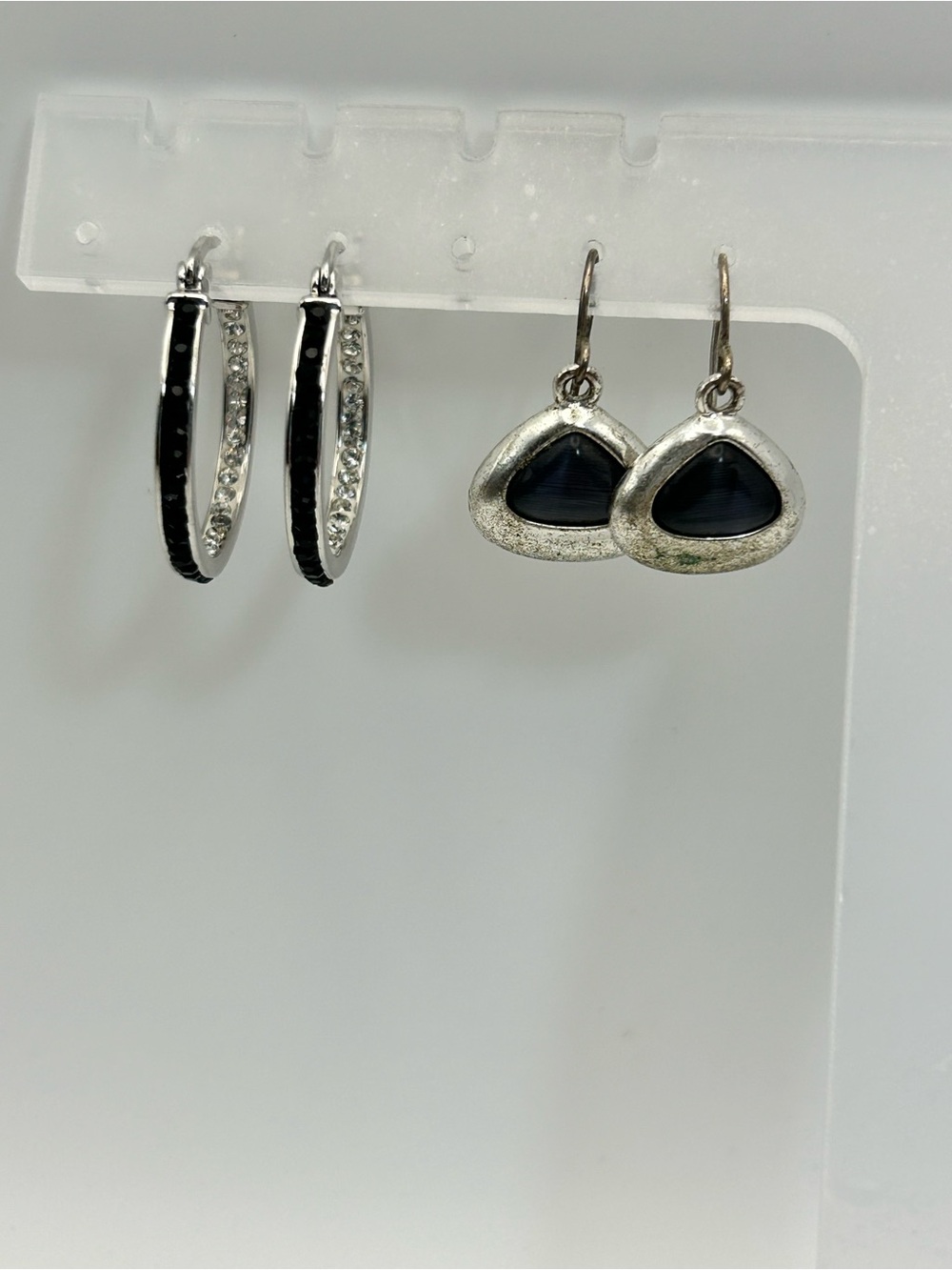 Two pair Silver & Black Tone Earrings Crystal Hoop Triangle Dangle Unsigned